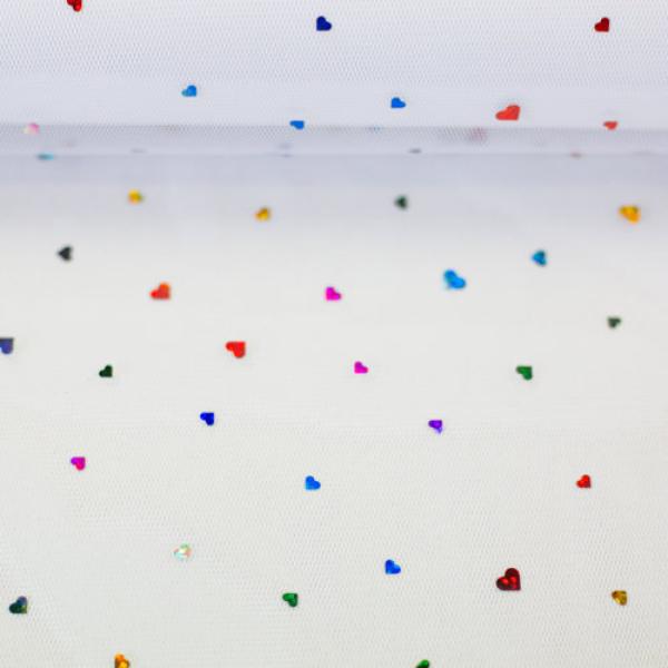 Softtüll Hearts bunte Glitzerherzen auf weißem Tüll
